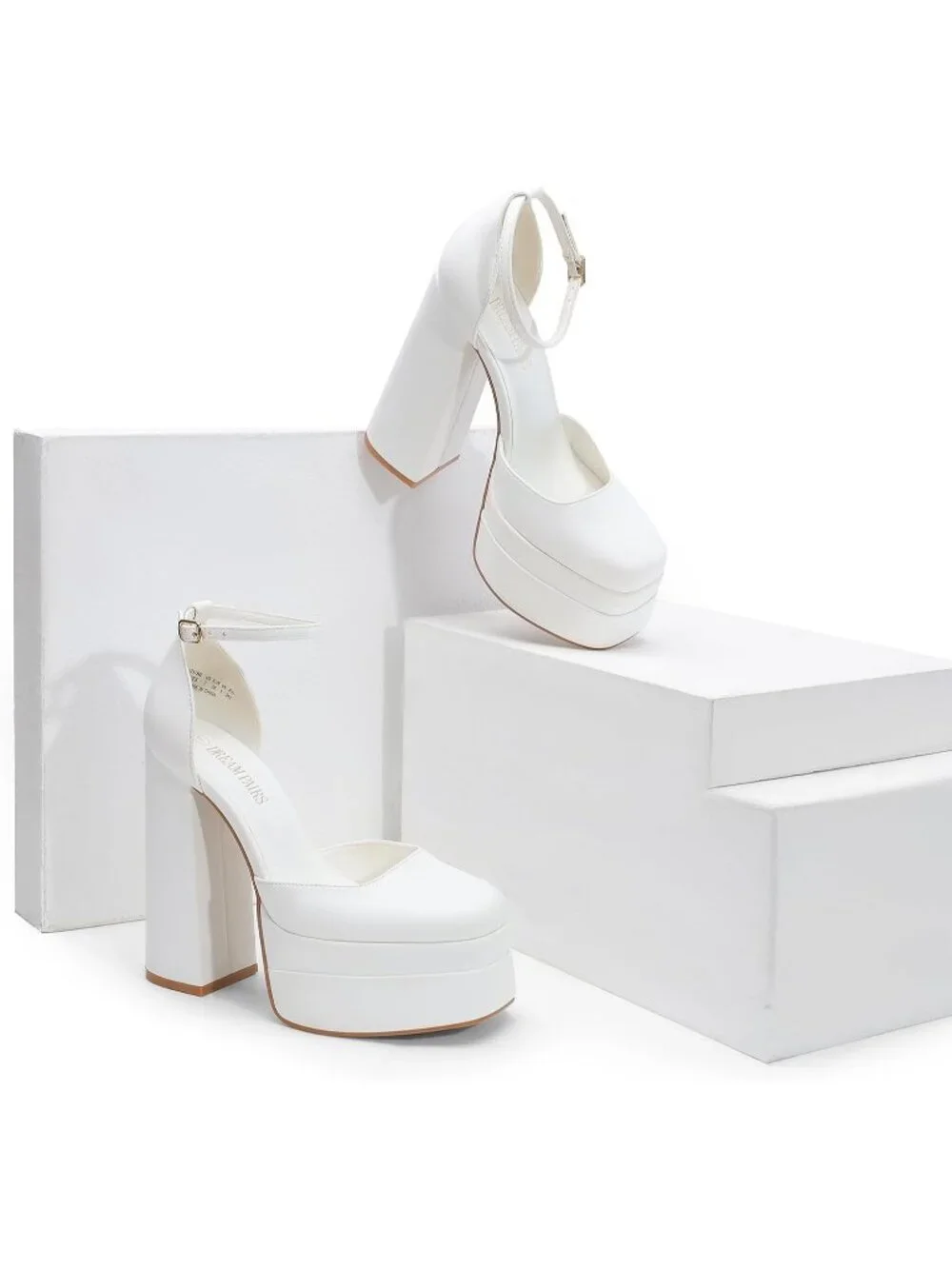Dream Pairs Women's White Square Closed Toe Ankle Strap High Platform Heels